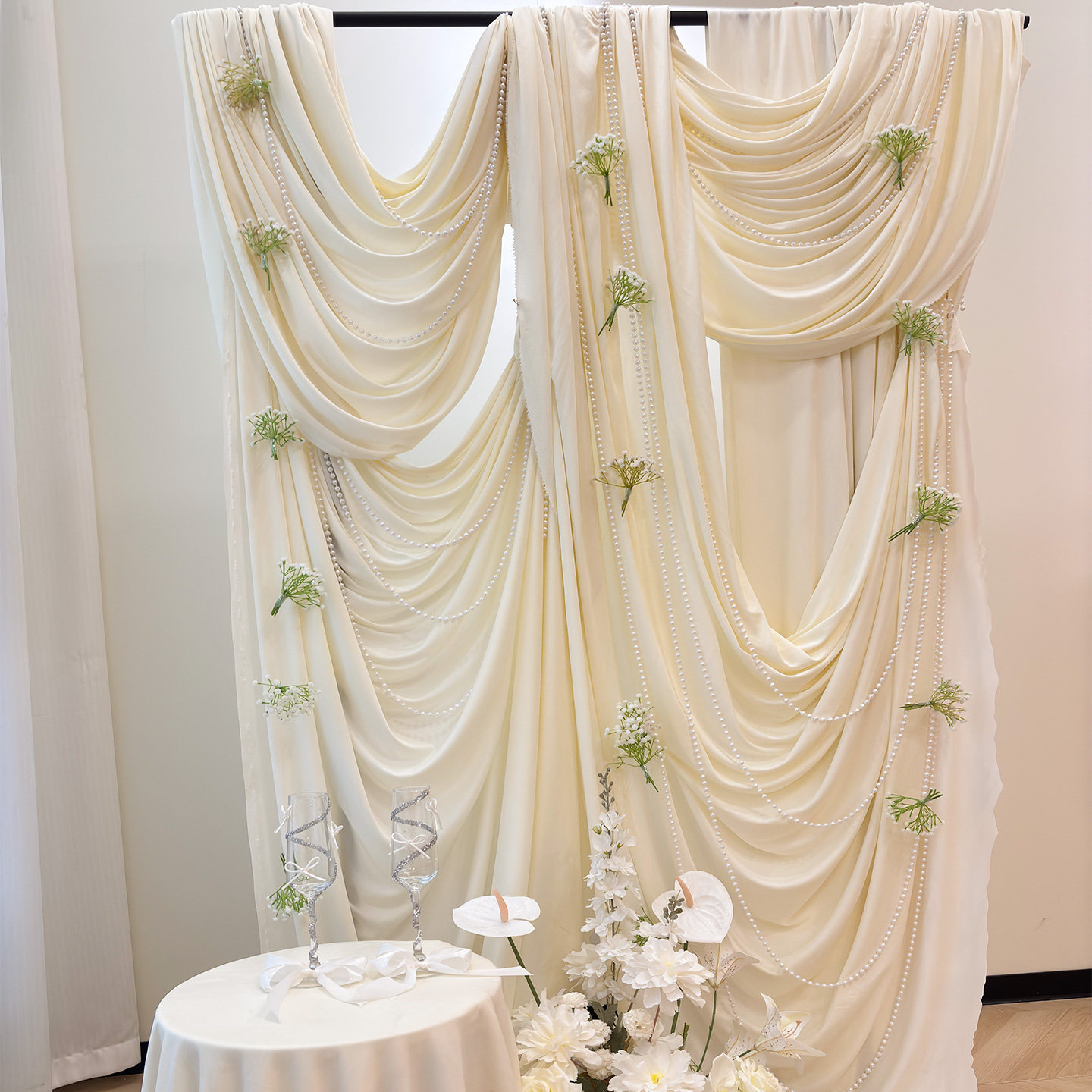 婚房布置生日场景装饰森系奶油布幔户外婚礼百合花艺纱幔粉色支架,淘宝优惠券,粉丝福利购,淘宝优惠卷