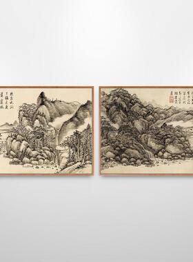 方琮山水画新中式装饰画小尺寸单幅走廊过道挂画横版仿古壁画古风