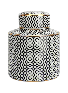 黑白铜钱图案描金陶瓷装饰罐摆件