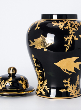 新古典欧式奢华手工绘制金鱼珊瑚带盖黑色大号陶瓷罐将军坛艺术品