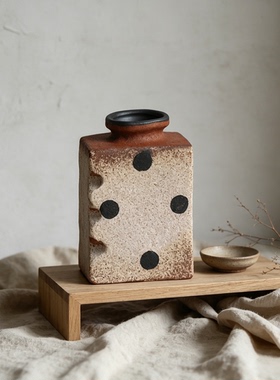 复古侘寂波点粗陶花瓶茶室装饰品