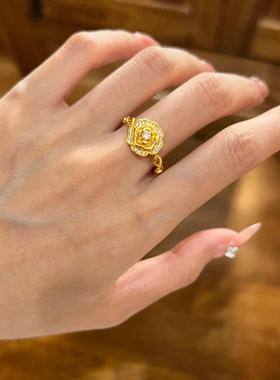 玫瑰花沙金戒指女镶钻指环