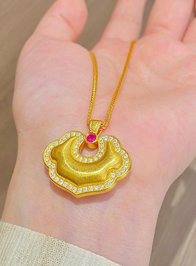 点钻拉丝如意锁沙金吊坠平安祥云项链新中式仿真黄金锁骨链送女友