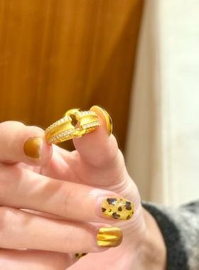 元宝锁扣戒指仿真黄金沙金指环点钻轻奢高级感开口简约镶钻手饰