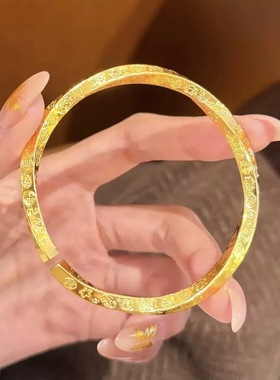扭花吉言沙金手镯仿真黄金四方大吉大利开口錾刻手环女金店同款