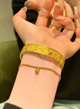 喜鹊登梅沙金吉言手镯新中式宽版仿真黄金宫廷风12N国风錾刻镯子