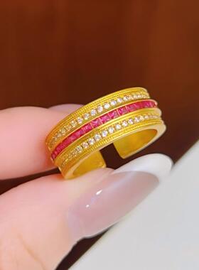 时来运转沙金戒指仿真黄金色古法镶钻指环女高级感轻奢红宝石戒子