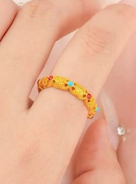 琳琅花丝戒指仿真黄金沙金指环轻奢高级感镂空红蓝花如意金店同款