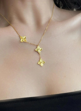 四叶草五花沙金项链仿真黄金鱼鳞爆闪轻奢高级感精致锁骨链送女友