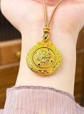 青花瓷缠枝花沙金罗盘吊坠仿真黄金项链新中式旋转毛衣链送女友
