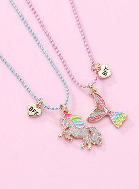女童独角兽美人鱼项链两件套