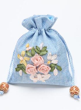蓝色麻布袋首饰袋小香包手工绣花