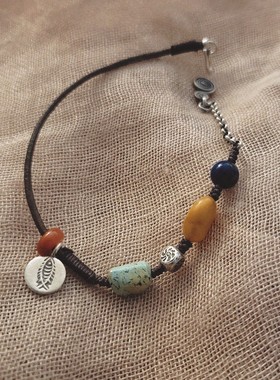 多宝手链 蜜蜡老银绿松石设计师款