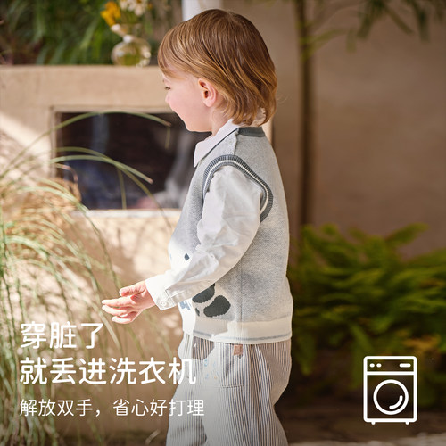 戴维贝拉儿童抗静电毛衣背心2026秋装新男童宝宝熊猫纯棉针织马甲 - 图2