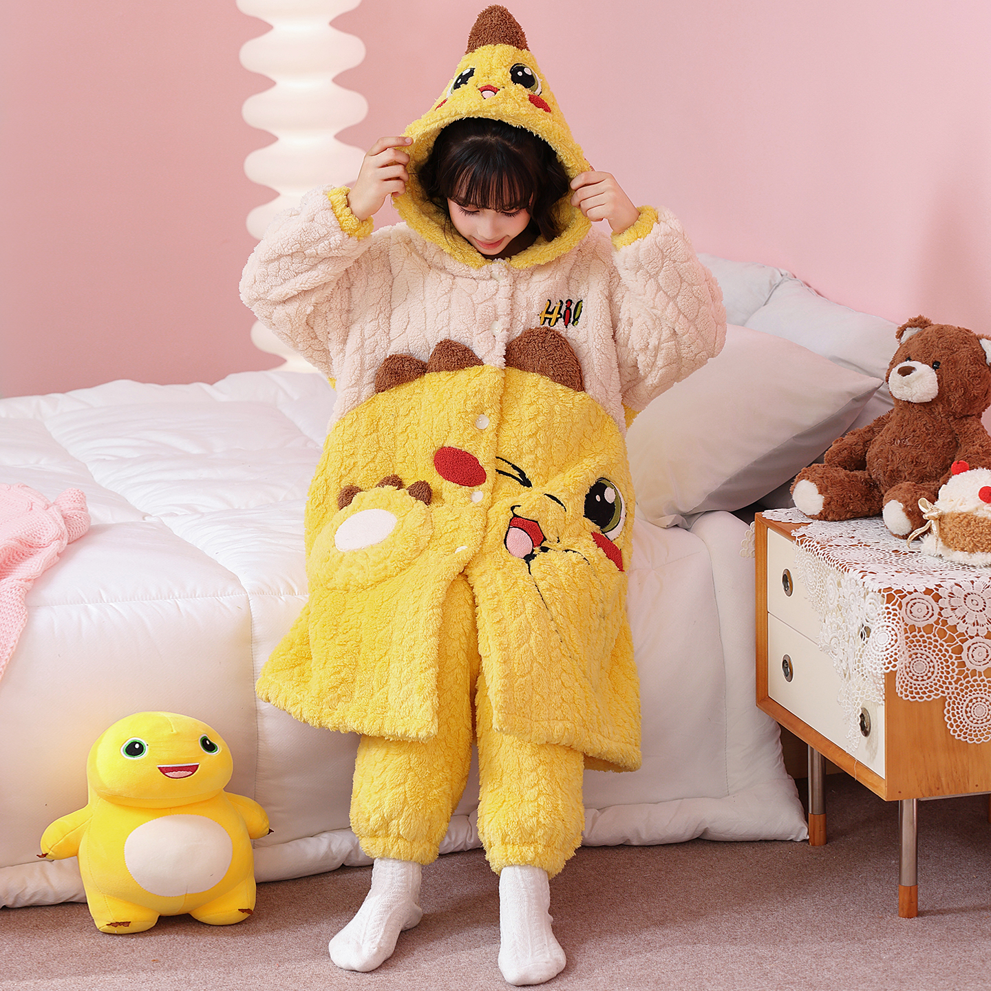 儿童睡袍秋冬季珊瑚绒加厚女童睡衣中大童女孩法兰绒套装卡皮巴拉 - 图2