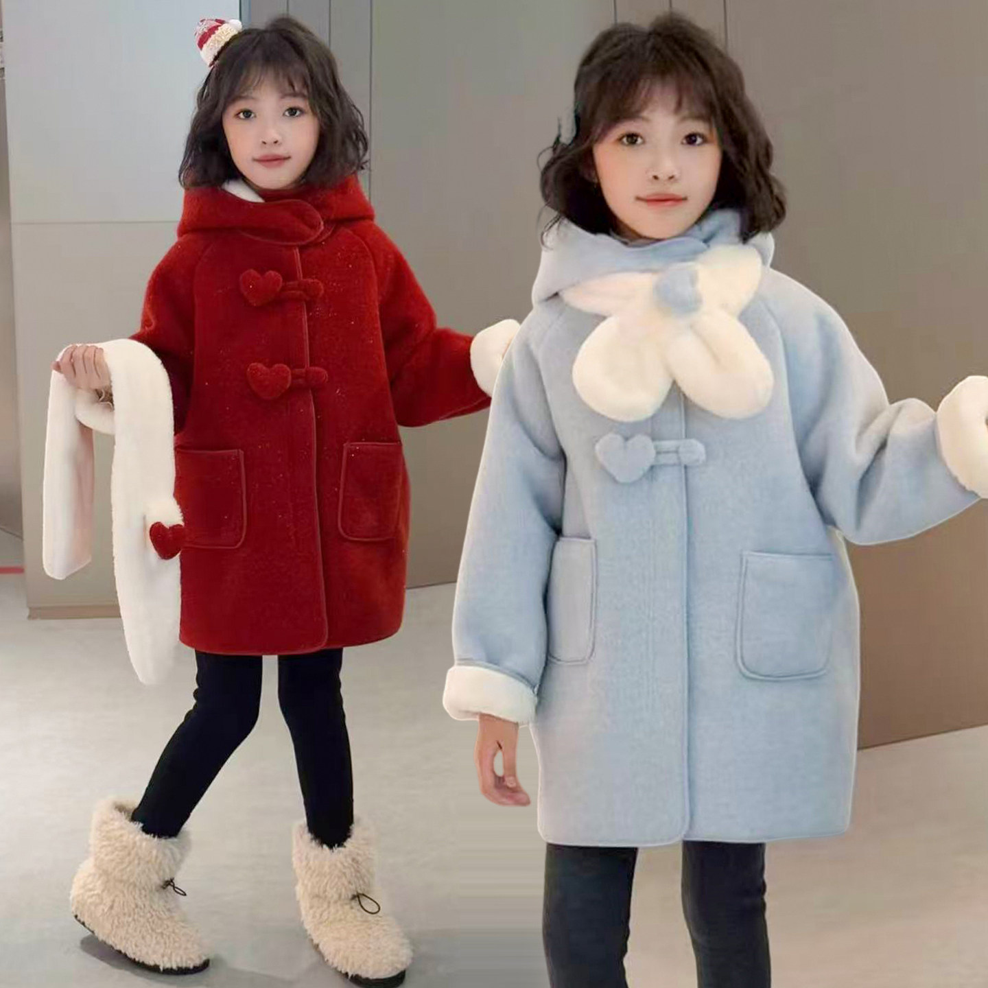 女童毛呢大衣女2025新款加厚中长款时尚高端韩版洋气冬季围巾外套,淘宝优惠券,粉丝福利购,淘宝优惠卷