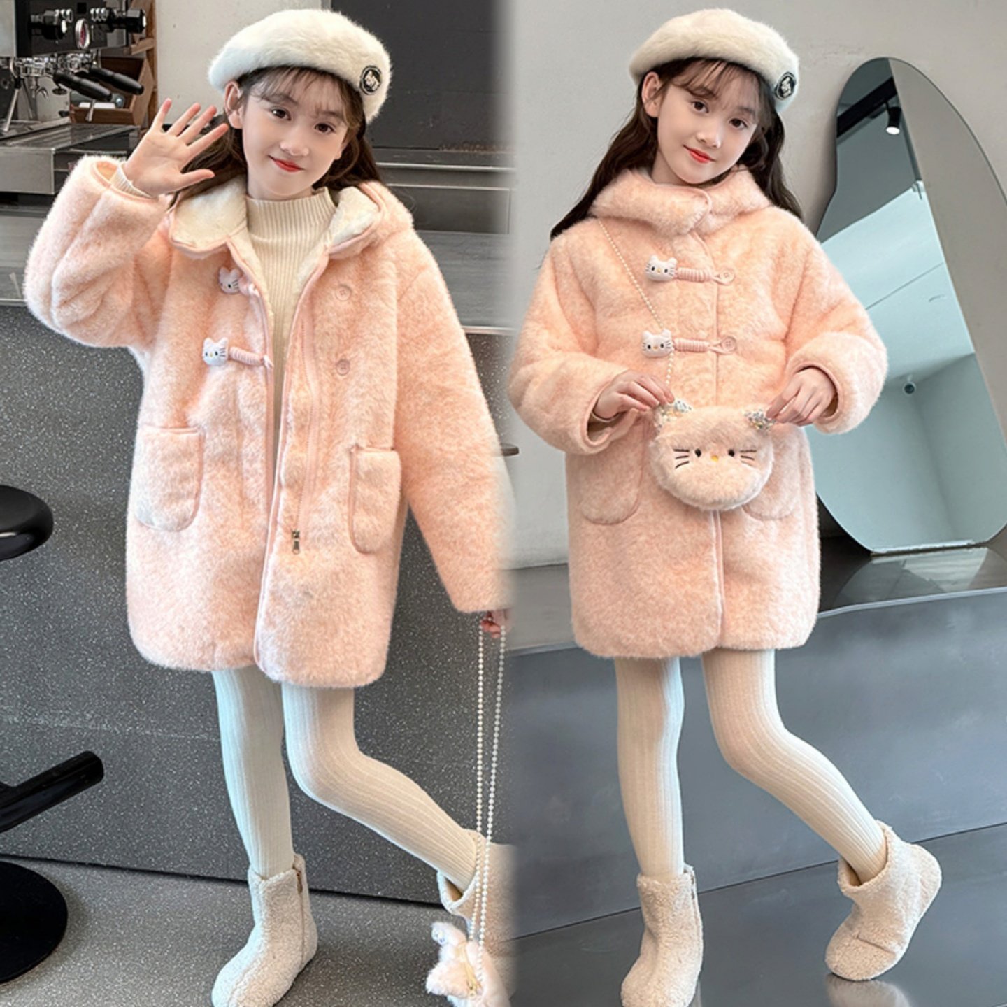 女童毛毛衣2025新款超好看女孩秋冬款洋气时髦中长款加厚保暖外套,淘宝优惠券,粉丝福利购,淘宝优惠卷