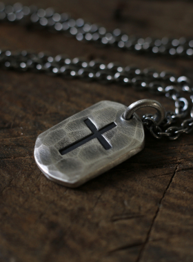 999纯银手打十字架银饼吊坠项链