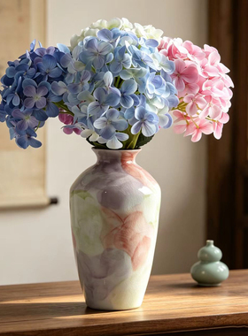 莫奈油画风陶瓷花瓶摆件客厅插花中古玫瑰花水培花器小众玄关装饰