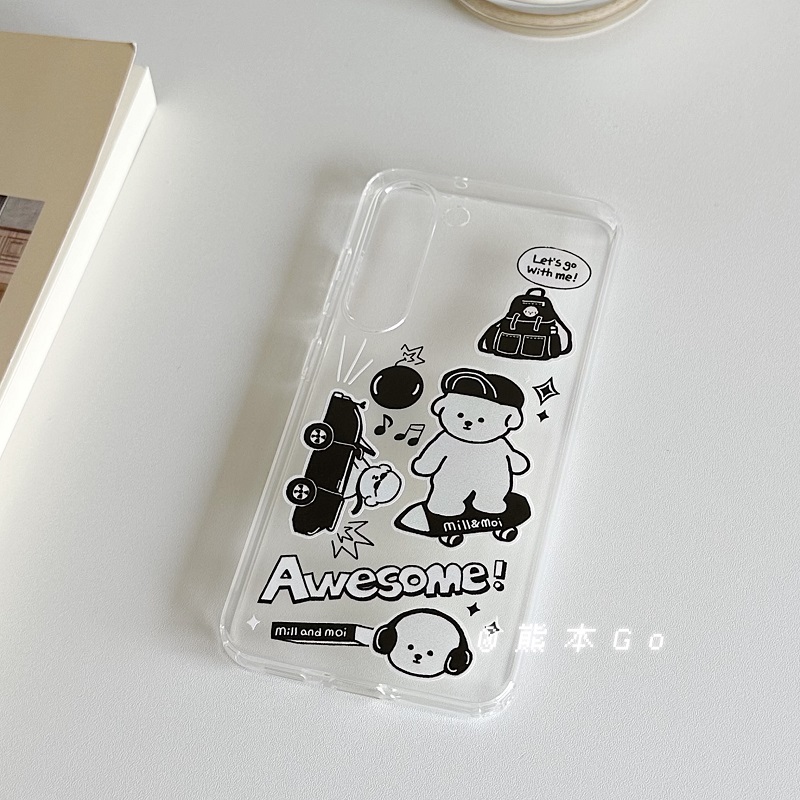 简约插画黑色小熊适用三星S23手机壳S24ultra透明软壳S25+全包S22+/S21卡通个性S20FE保护壳套S25ultra/S23U - 图2