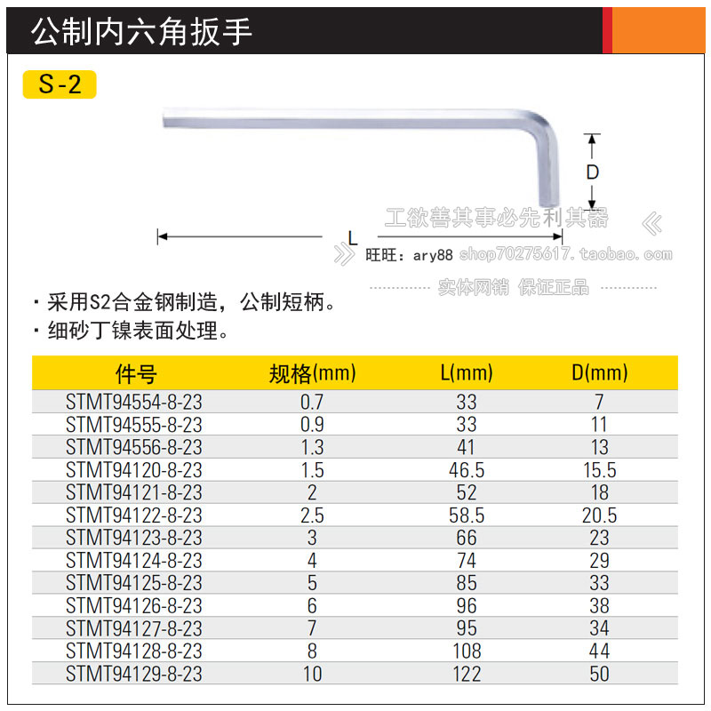 史丹利公制平头加长内六角扳手短柄0.7/0.9/1.3/1.5/2/2.5/3/4/5/