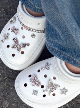粉蝶梦境洞洞鞋鞋花水钻蝴蝶结合金鞋扣适配crocs卡洛驰链条配件