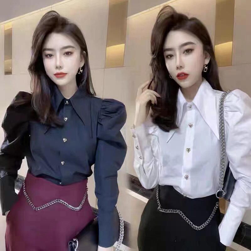 小尖领泡泡袖衬衫女2025春秋新款韩版气质时尚打底衫上衣衬衣内搭