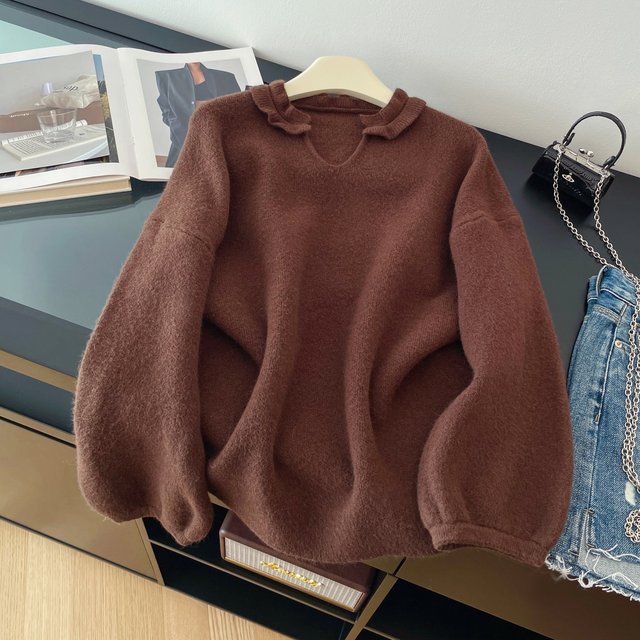 Korean style lazy style retro v-neck fungus style sweater for women in autumn and winter new loose classic solid color top