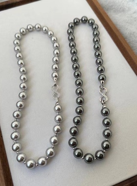 秋冬高级灰黑珍珠百搭简约明星倪妮同款氛围感项链女纯银8字扣