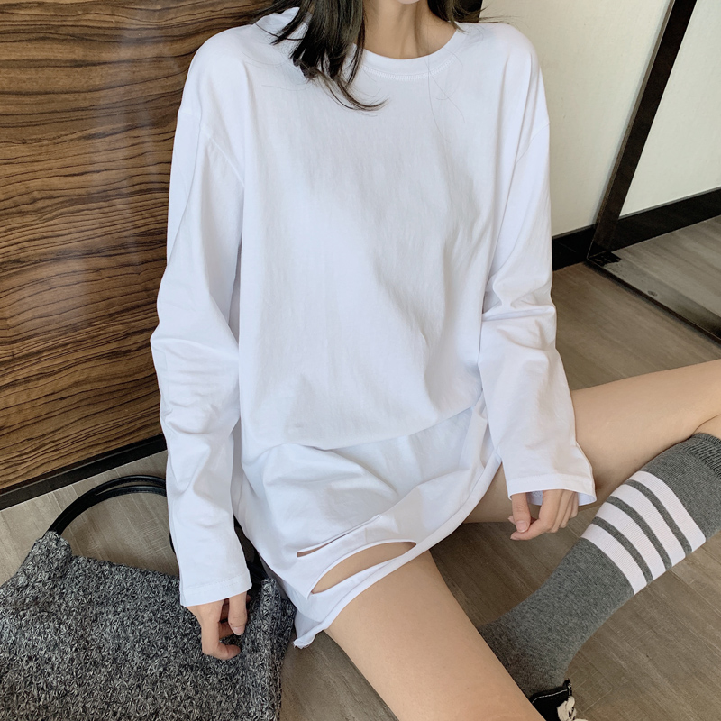 ins 恤女纯棉白色百搭打底衫中长款宽松上衣 T 2019 韩版 下摆破洞长袖 ins 恤女纯棉白色百搭打底衫中长款宽松上衣 T 2019 韩版 下摆破洞长袖