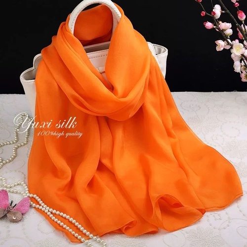 橘黄色爆款纯色围巾女士桑蚕丝巾披肩长款薄款纱巾春秋冬季素色单 - 图0