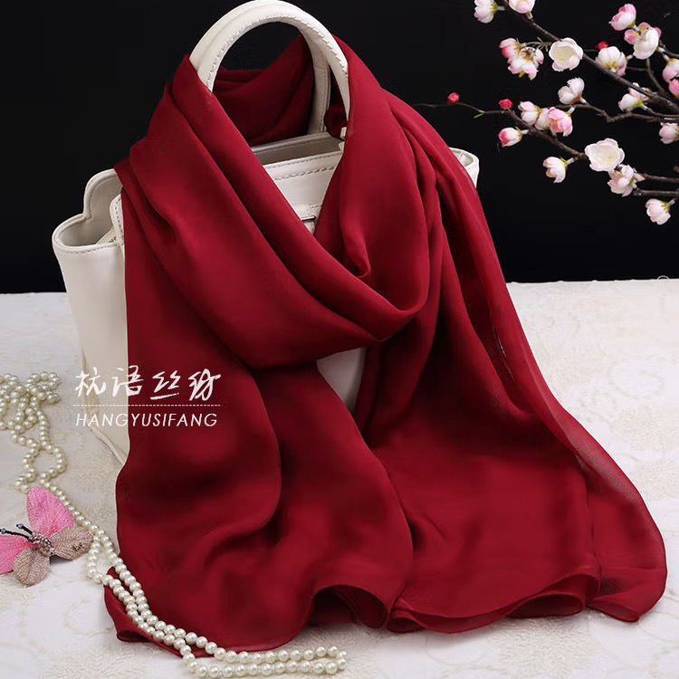 酒红色 缎面防晒丝巾长款真丝披肩女纱巾 桑蚕丝围巾女士高档素色