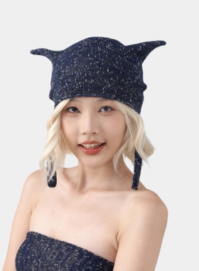 恶魔针织尖尖帽手工系带护耳冷帽
