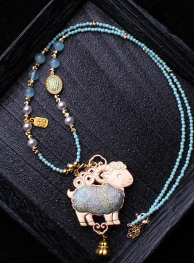 非遗宋锦浅蓝色成品双面小绵羊挂件古风布艺项坠锁骨项链YGL10