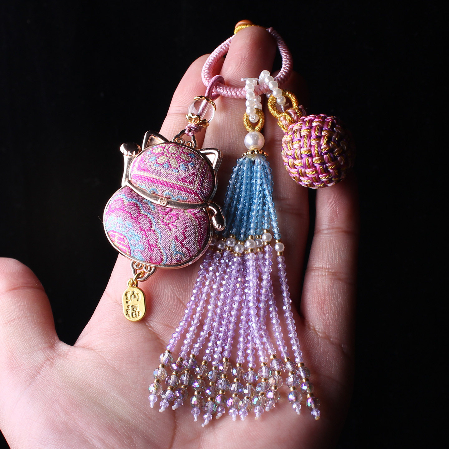 粉色招财猫非遗宋锦包包挂件流苏穗子编织有球必应汉服挂饰钥匙坠,淘宝优惠券,粉丝福利购,淘宝优惠卷
