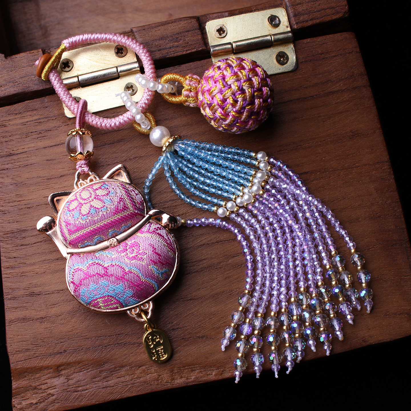 粉色招财猫非遗宋锦包包挂件流苏穗子编织有球必应汉服挂饰钥匙坠,淘宝优惠券,粉丝福利购,淘宝优惠卷