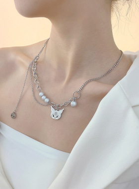 新款大耳狗多层反光珍珠项链可爱玉桂狗吊坠颈链钛钢嘻哈短毛衣链