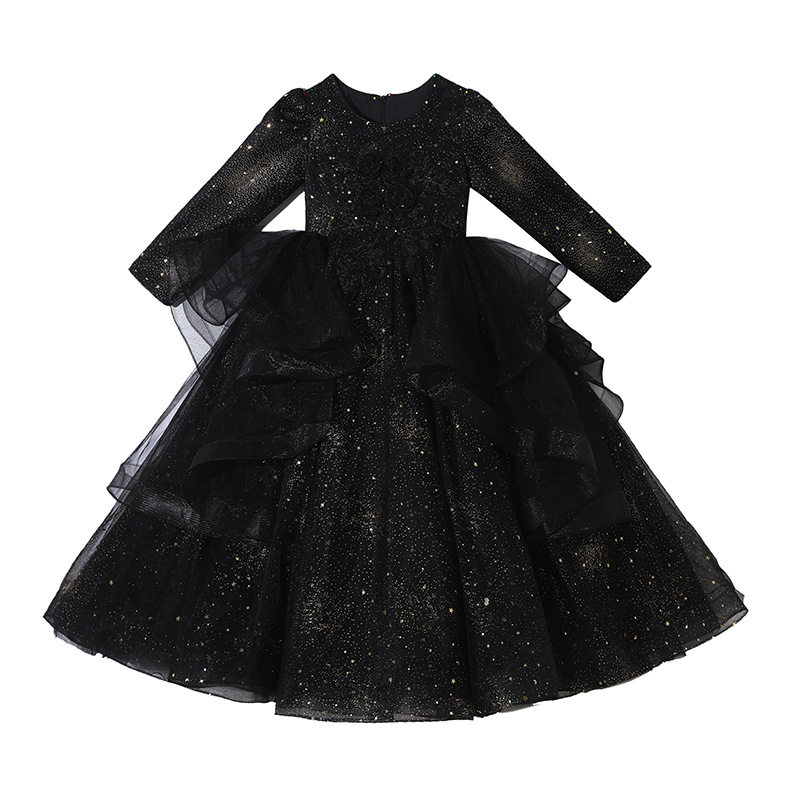 现货跨境女童晚礼服黑色花童婚纱钢琴演奏主持人演奏公主裙,淘宝优惠券,粉丝福利购,淘宝优惠卷