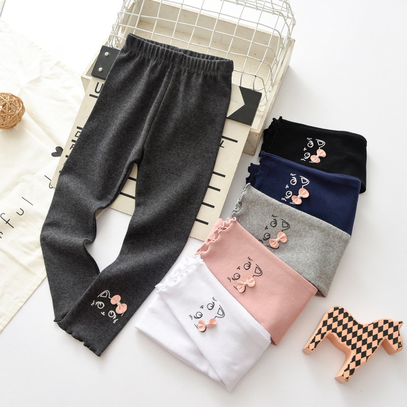 秋季外穿女孩打底裤猫咪蝴蝶结可爱木耳边裤脚纯棉品质女童长裤,淘宝优惠券,粉丝福利购,淘宝优惠卷