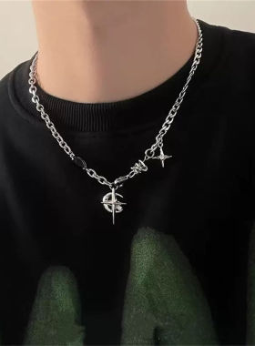 欧美跨境黑钻圆圈钛钢项链女嘻哈小众感不规则锁骨链男士饰品