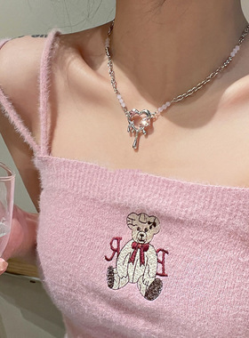 爱心水滴液化金属粉色 黑色锆石甜酷项链 钛钢串珠链条保色锁骨链