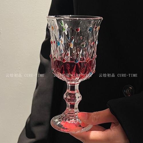 法式复古彩色珠点高脚玻璃杯家用高级感红酒杯香槟酒杯鸡尾酒杯 - 图3