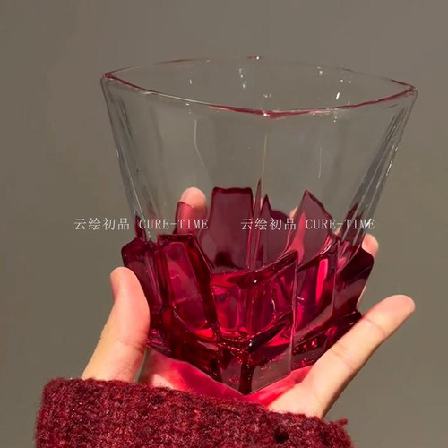 红色冰块玻璃杯小众设计轻奢高档喝水杯高级感威士忌酒杯洋酒杯 - 图2