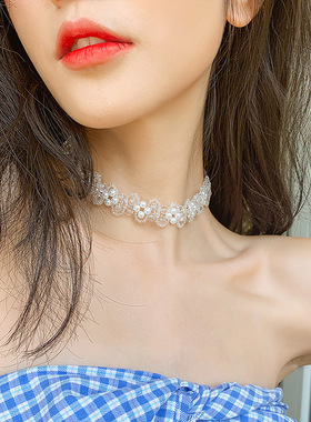 复古蕾丝珍珠法式项链韩国气质水晶颈链女网红choker仙气锁骨链