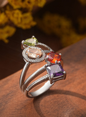 不规则彩色锆石戒指女款欧美时尚轻奢气质简约百搭个性指环饰品