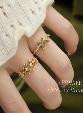 金枝蝶梦|法式小众设计绿色锆石蝴蝶食指戒指女开口叠戴精致指环