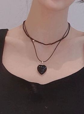 黑色水晶串珠双层爱心项链锁骨链
