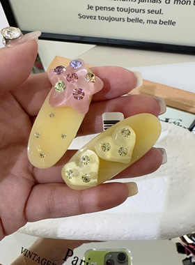 不退换韩国发饰新款多巴胺黄色彩色水钻爱心可爱鸭嘴夹侧边夹发夹