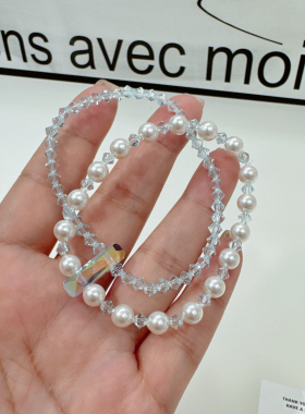 韩国进口新款S家水晶珍珠双层闪闪高级的小众百搭串珠手链手饰品