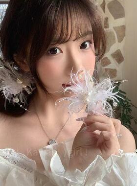 羽毛蝴蝶珍珠发夹感小众蕾丝精灵侧边女生发卡ins小清新头饰